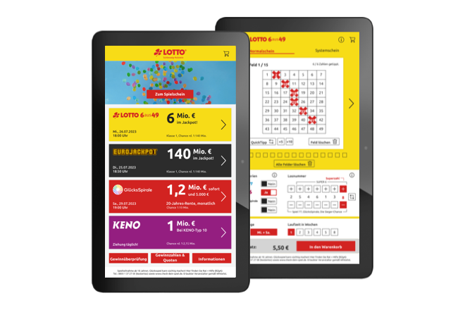 Retail & Service lottery apps by mobivention for tablet-based Lotto ticket preparation, jackpot overview, digital betting slip selection and retailer services