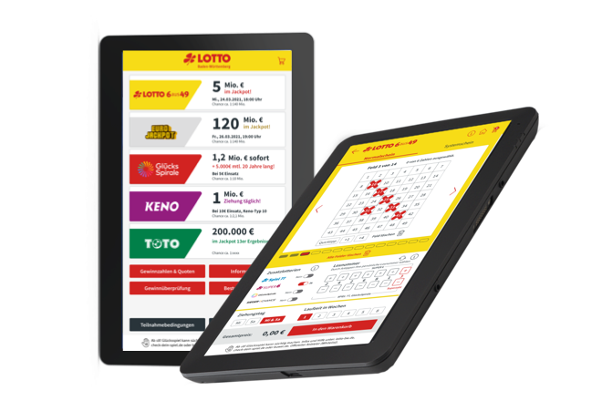 mobivention Retail & Service Apps showing tablet-based Lotto jackpot overview and digital betting slip selection for lottery retailers