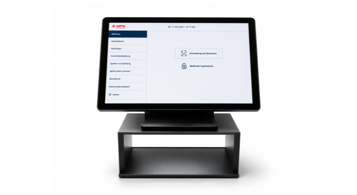 Lotto self-service terminal with touchscreen interface on a modern stand, designed for lottery ticket scanning and customer registration in retail lottery shops